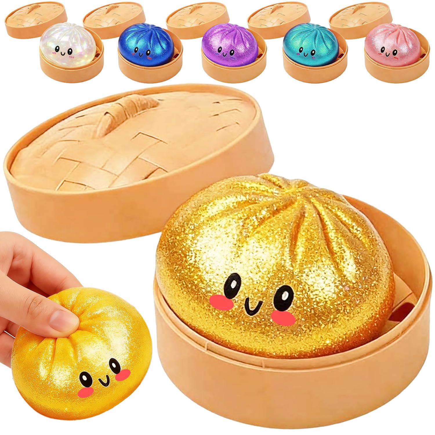 Dumpling Squishy Toy, New Cute Glitter Dumpling Squishy Ball with Plastic Steamer Box, Giant Mystery Dumpling Squishy, Sensory Anxiety Relief Squeeze Toy for Kids & Adults Ages 3+ (Gold)