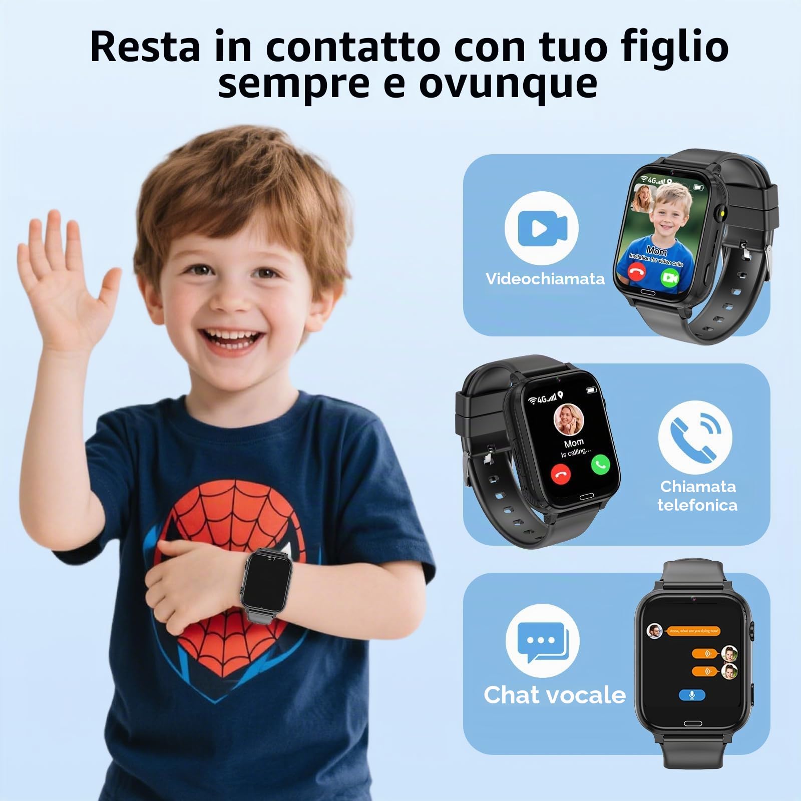 MOONKIDS 4G Orologio Smartwatch Bambini, Smartwatch con Sim, Fotocamera Torcia Sveglia Audiolibri, Orologio Intelligente per Ragazza e Ragazzo (Nero 1)