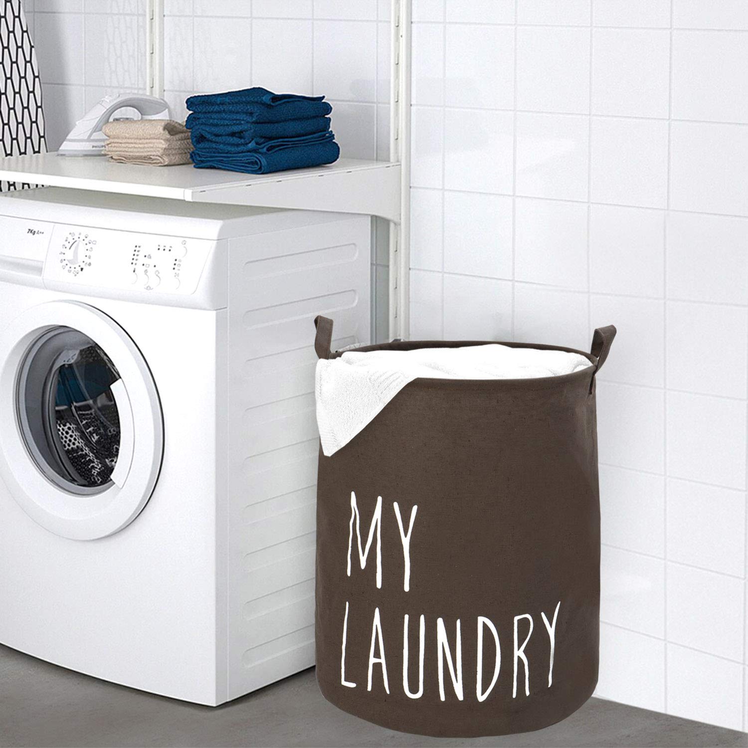 HOKIPO Cotton Round Folding Laundry Basket with Drawstring Closure - 42 L, Grey 2