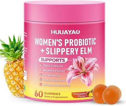 Feminine Probiotics Gummies - Womens Probiotic Slippery Elm Gummies, Sugar-Free, Pineapple Flavor, 60 Count