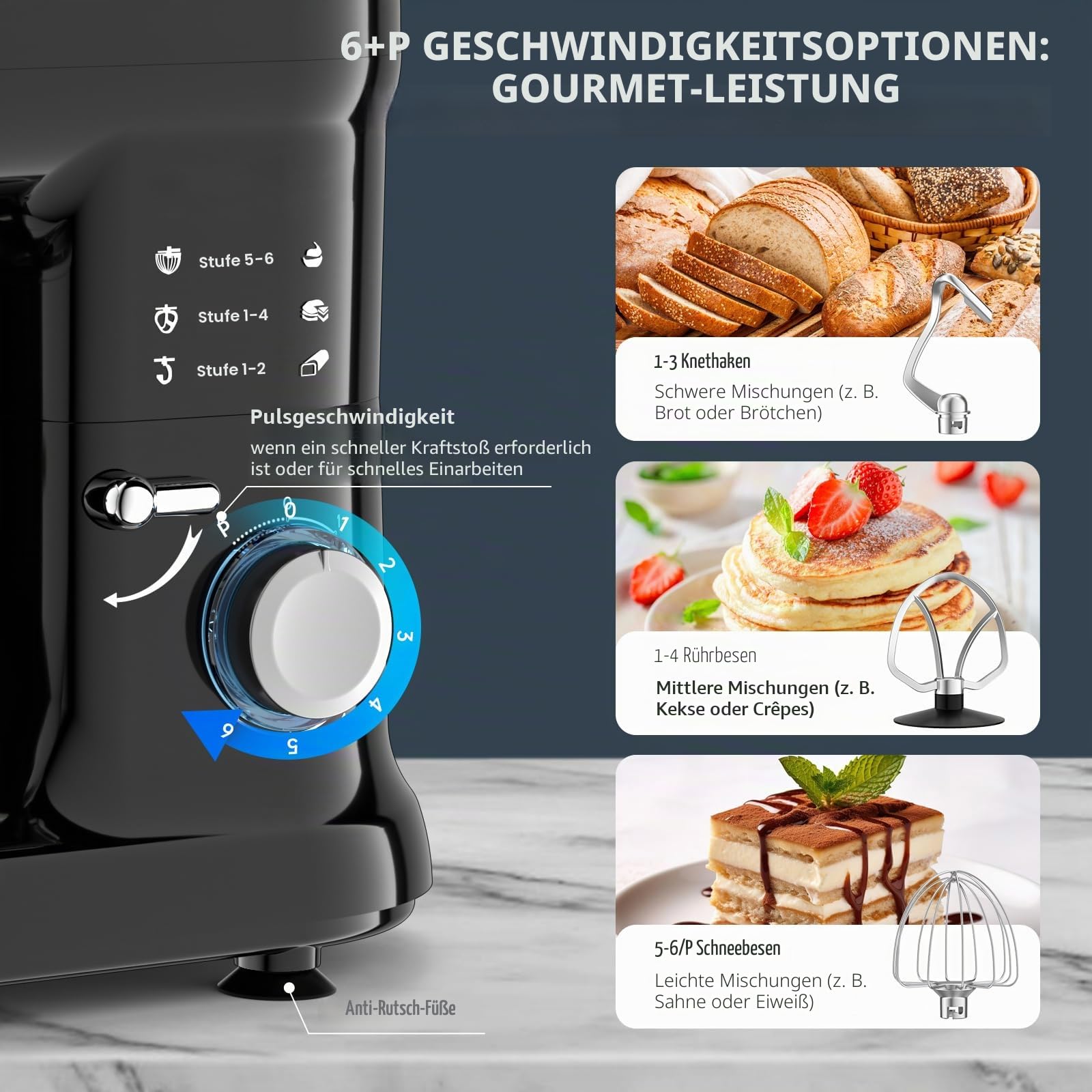 Küchenmaschine Knetmaschine 2000W Teigmaschine Rührmaschine mit 6,5L Edelstahl Schüssel 6 Geschwindigkeiten Geräuscharme Teigknetmaschine inkl Rührbesen, Knethaken, Schläger und Spritzschutz
