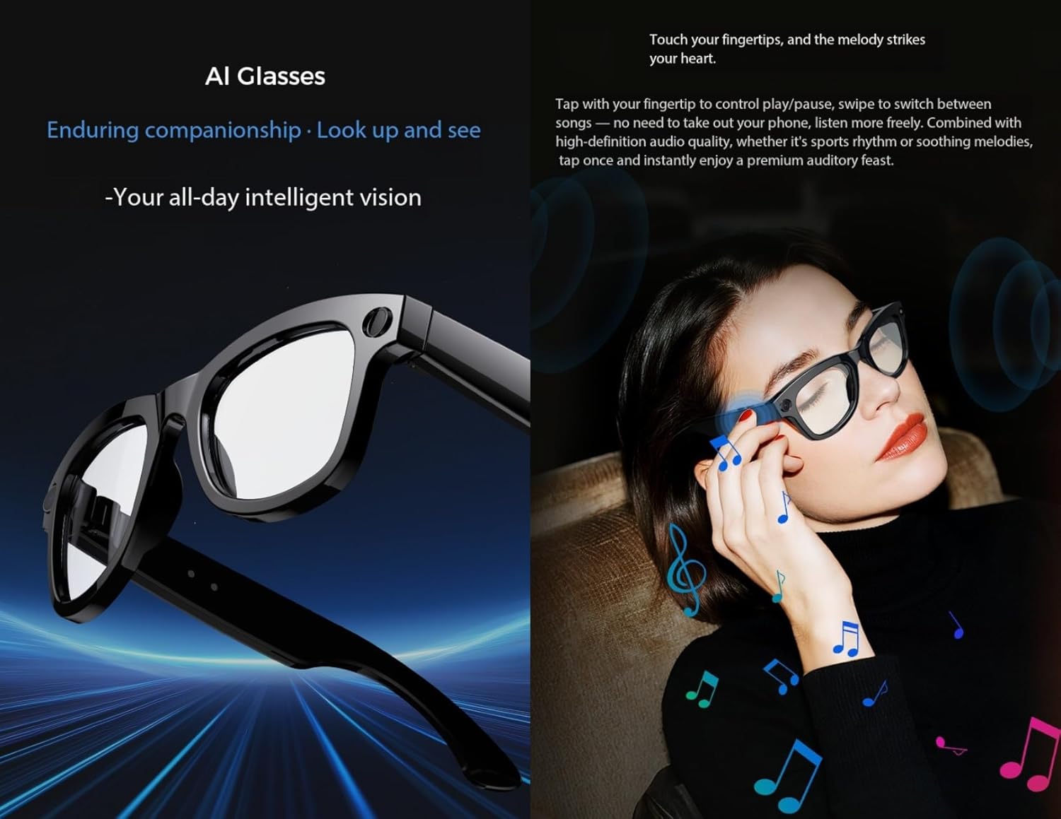 AI Glasses with 8 megapixel Camera, Anti Shake 1200P Video Recording, AI simultaneous Translation - Transparent Anti Blue Light Style