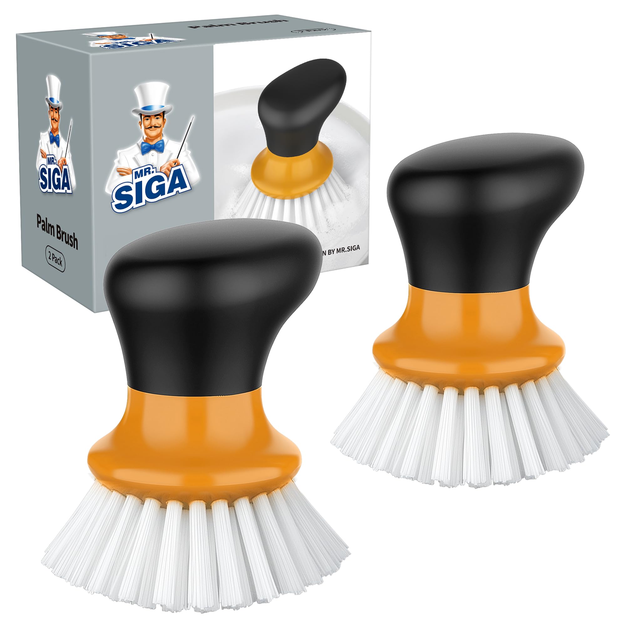 MR.SIGA Palm Dish Brush with Ergonomic Handle, Kitchen Brush for Pot Pan Plate Sink Cleaning, Orange, Pack of 2