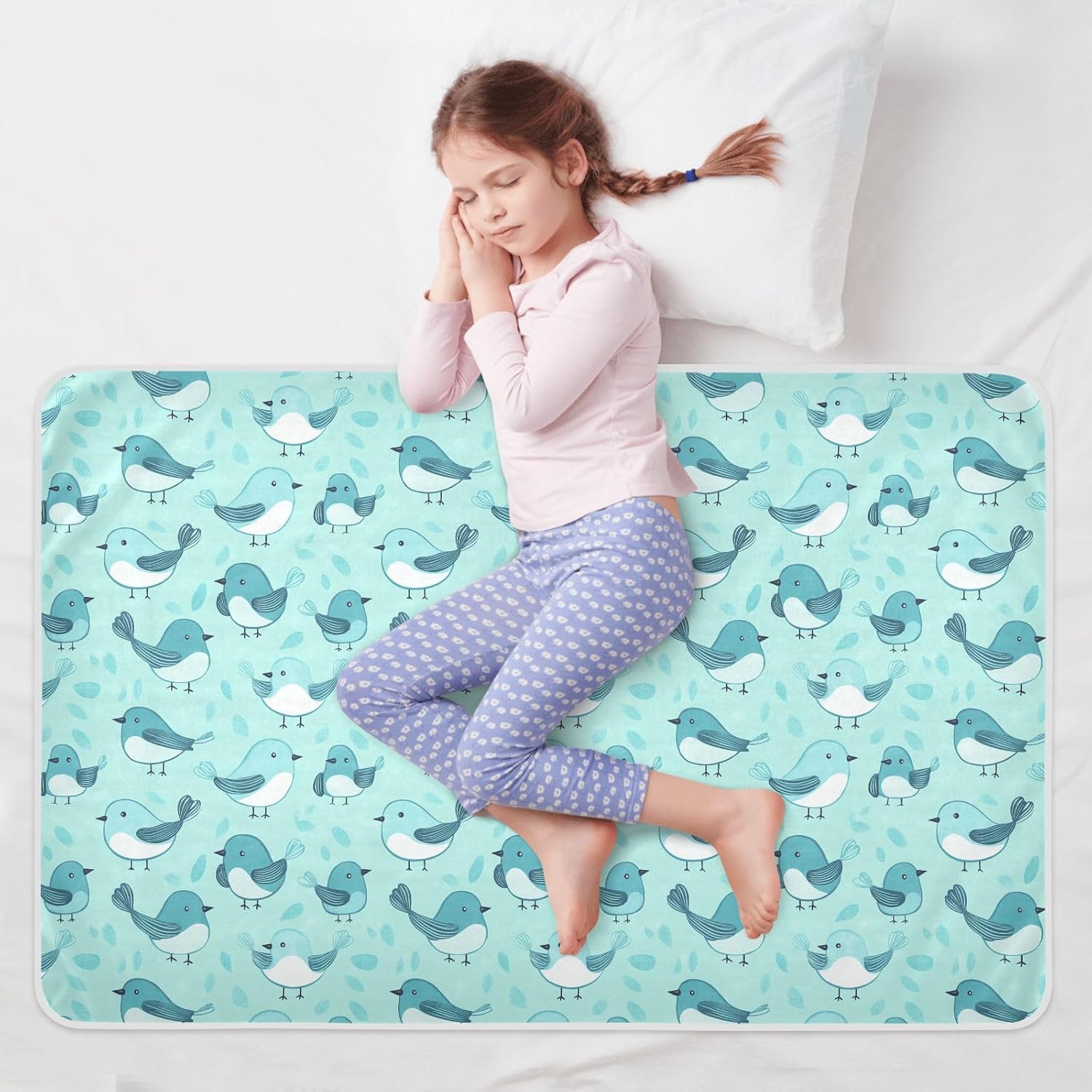 Cartoon Cute Bird Turquoise Extra Large Resuable Toddler Mattress Pads Highly Absorbent Potty Training Mats Non-Slip Pad Liner for Baby Toddler Children , 52" L x 34" W