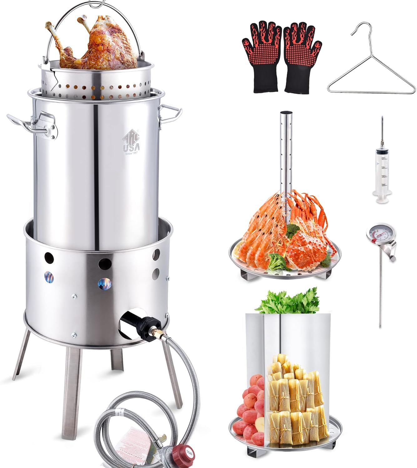 ARC 32QT Stainless Steel Turkey Fryer Pot and Burner Kit,Propane Burners for Outdoor Cooking, Tamale Steamer Pot with basket, and steamer rack. Great for Seafood boil, Crawfish Boil, Home Brewing