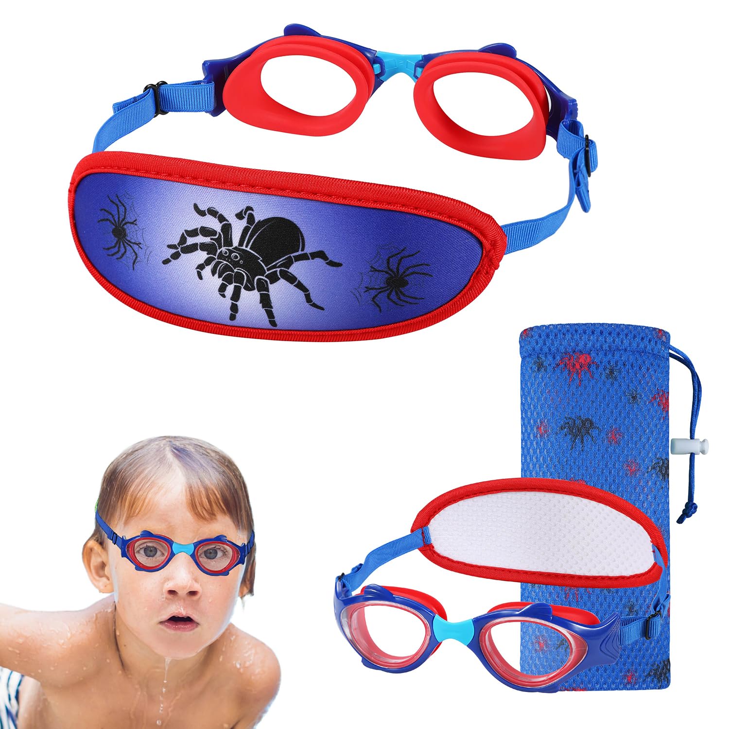 RUIGAO Kids Swimming Goggles Fabric Strap Age 4-7, Toddler Goggles No Hair Pull Bungee Strap/UV Protection/Anti Fog (1PK Fish Bungee - Red Spider)