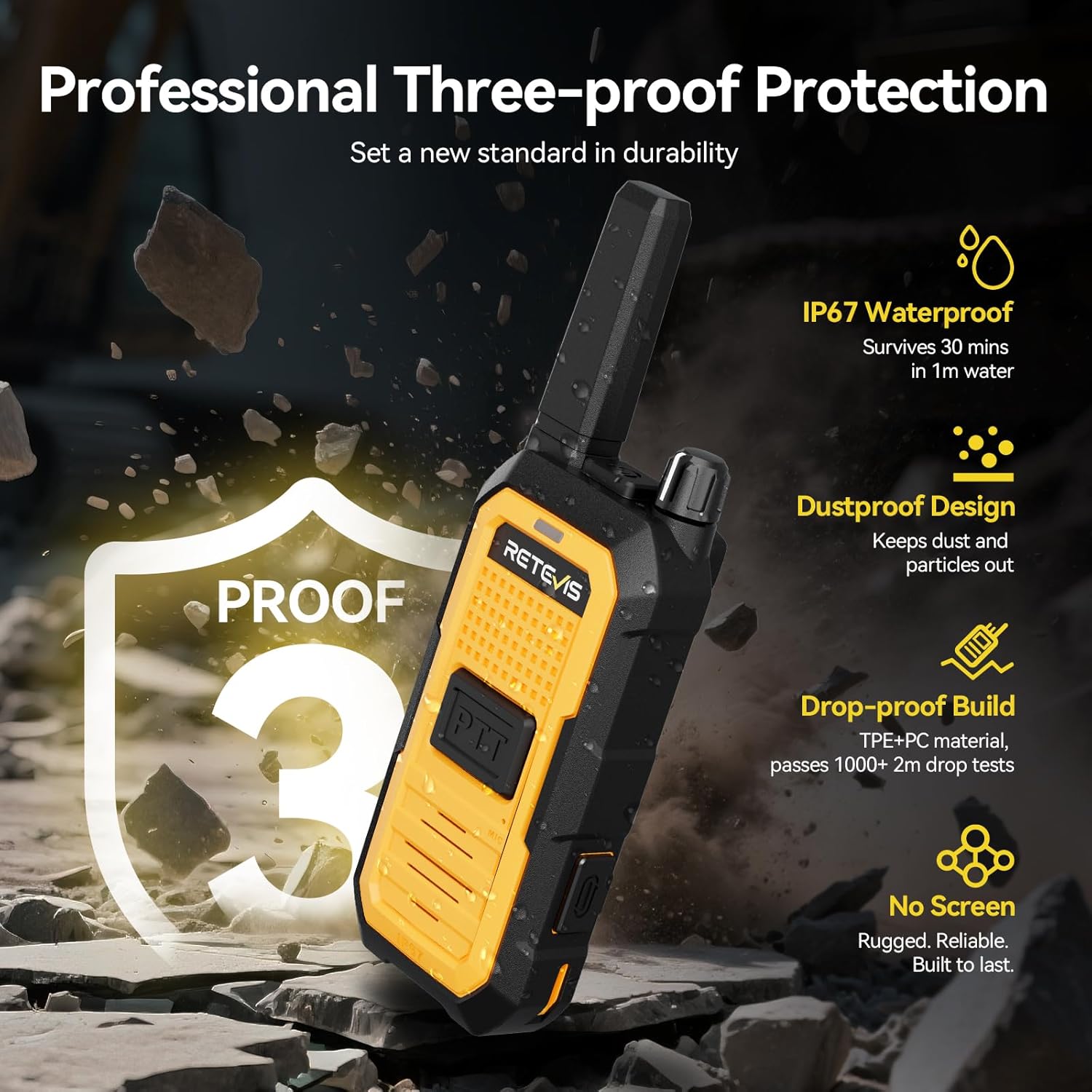 Retevis RB48A Industrial Noise Reduction Two Way Radios, IP67 Heavy Duty Walkie Talkies Long Range, Oversized Front PTT, Antenna ID Rings, 1000mW Speaker, 23-Hour Battery with Gang Charger(6 Pack)