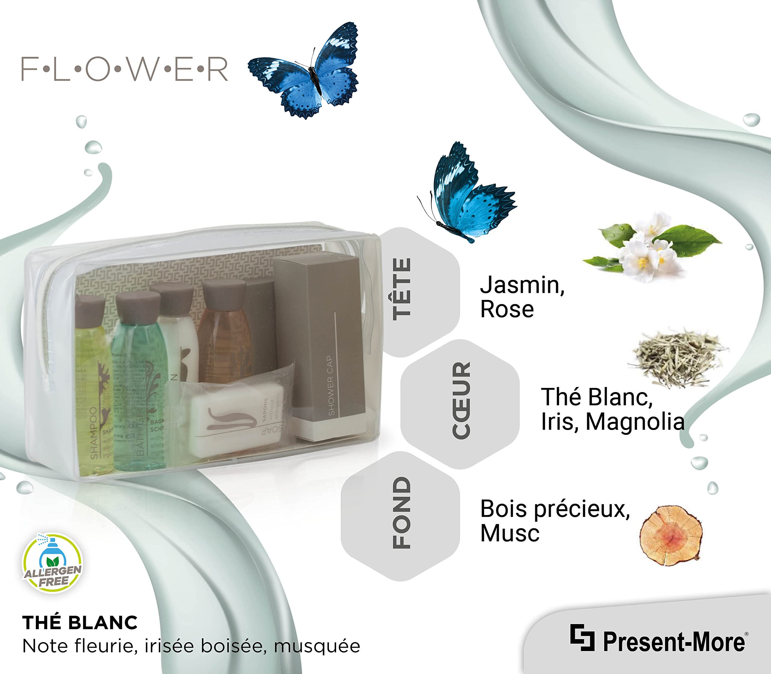 PRESENT-MORE - Kit Accueil 24 Invités Flower - Parfum Thé Vert - Contenu: Shampooing, Gel Douche, Crème, Gel Intime, Savon et Accessoires - Pour Hôtels et B&B