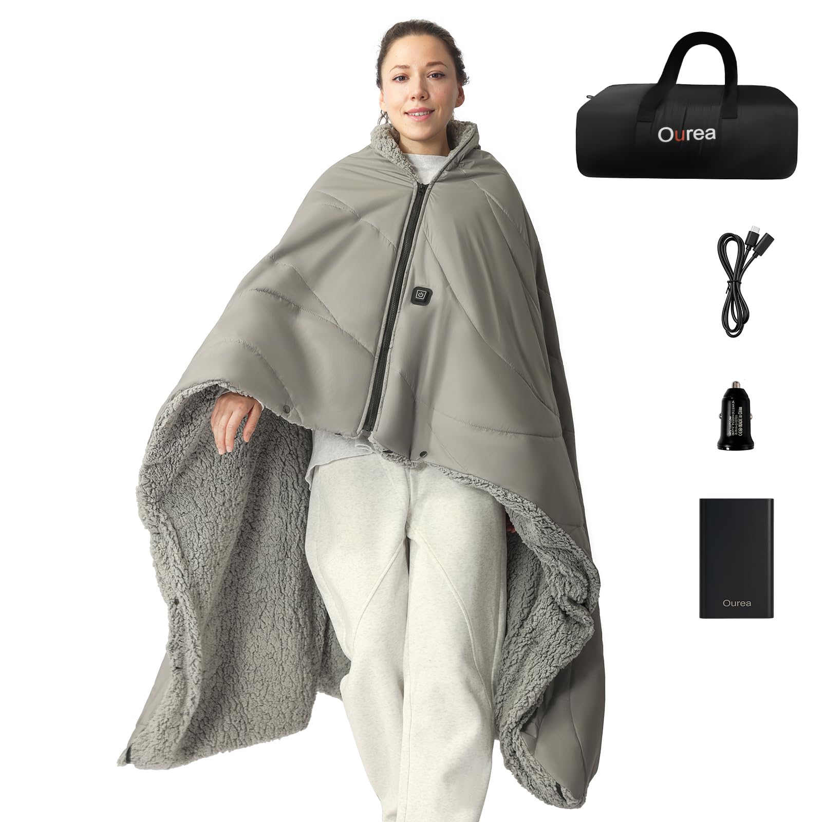 Photo 1 of **MISSING CARRY BAG AND CAR CHARGER****Ourea 12V Battery Operated Heated Blanket Cordless Electric Blanket with 20000mAh Power Bank Portable Heated Throw for Outdoor Camping Car Stadium Travel Home Sherpa Fleece Grey