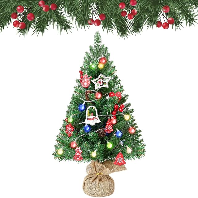 2 stóp/60 cm mini choinka - łatwa sztuczna wstępnie świecąca blat Boże Narodzenie zielone drzewo z diodami LED sznur światełka bożonarodzeniowe ozdoby do domu pokoju na przyjęcie dekoracja stołu