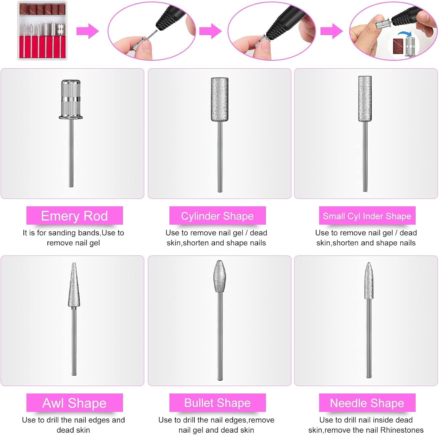 Wodesid Nail Drill Machine Electric Nail File Drill Set Kit with Sanding Bands Low Noise Vibration for Acrylic Nails, Gel Nail Art Polisher Sets Glazing Manicure Grinder Tool (Gray)