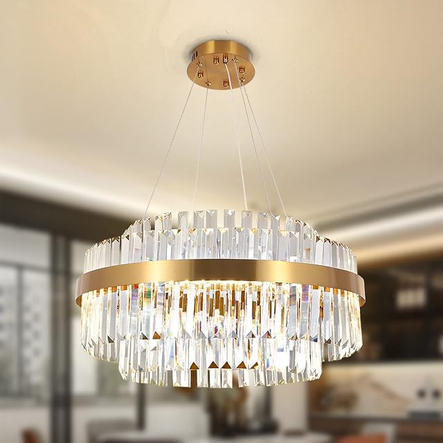 AOOCHOK Modern Crystal Chandelier Gold Pendant Lights, LED Ceiling Light Round, Dimmable Crystal Hanging Lamp for Living Room, Dining Room, Bedroom, Restaurant, 60 cm