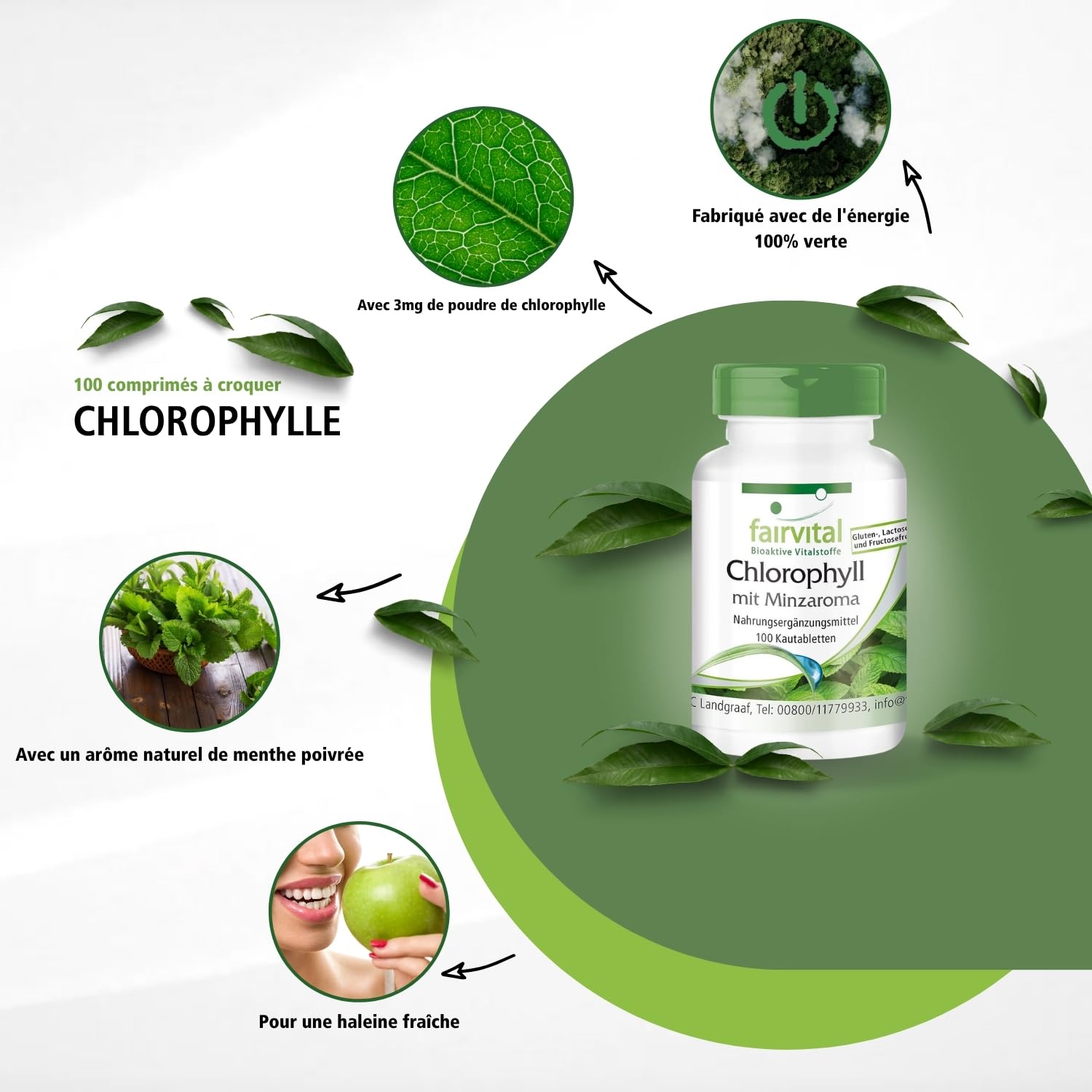 fairvital Comprimés de chlorophylle à l'arôme de menthe, 100 comprimés à croquer, VÉGÉTALIEN