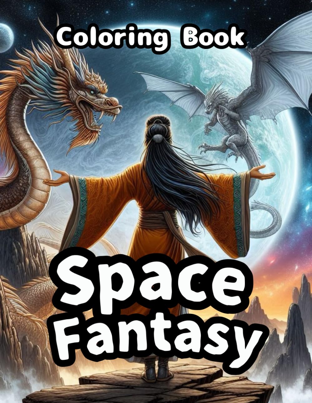 Fantasy space coloring book: planets and outer space coloring book. Includes coloring pages of beautiful women, spaceships, aliens, and dragon gods.: cozy spaces coloring book for adults and teens