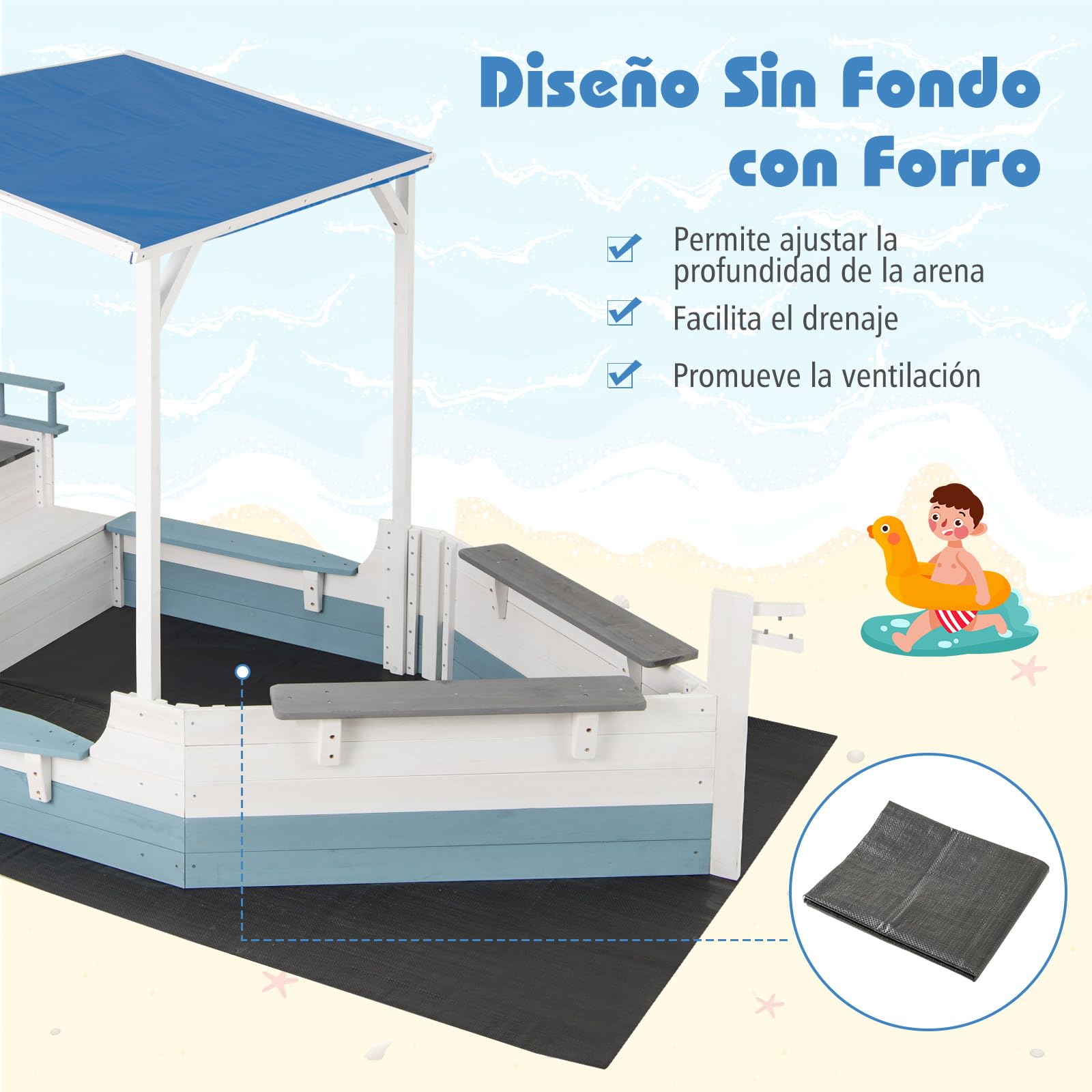 COSTWAY Arenero Infantil de Madera de Abeto con Toldo, Caja de Arena con Bandera, Timón, Asientos de Banco y Compartimentos de Almacenaje para Patio, Arenero para Niños al Aire Libre