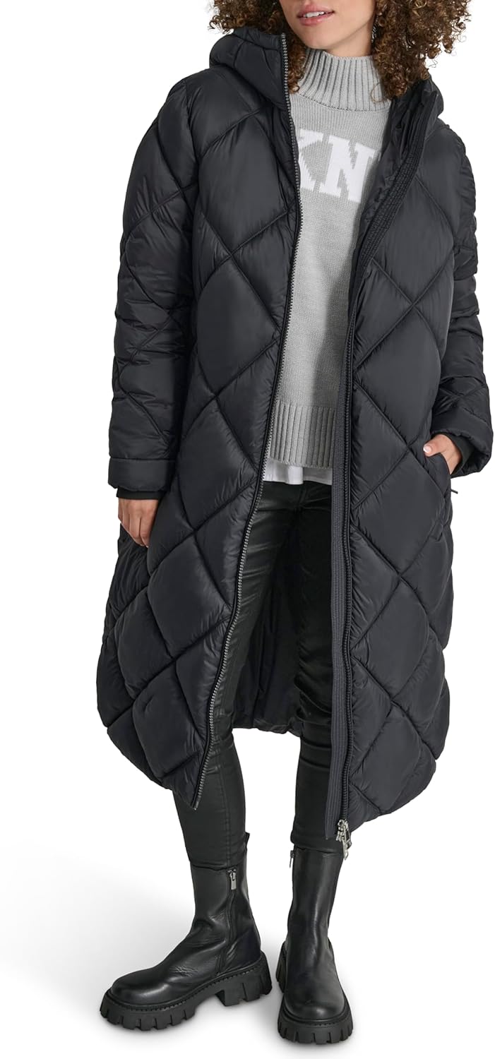 DKNY Women's Hooded Diamond Quilt Long