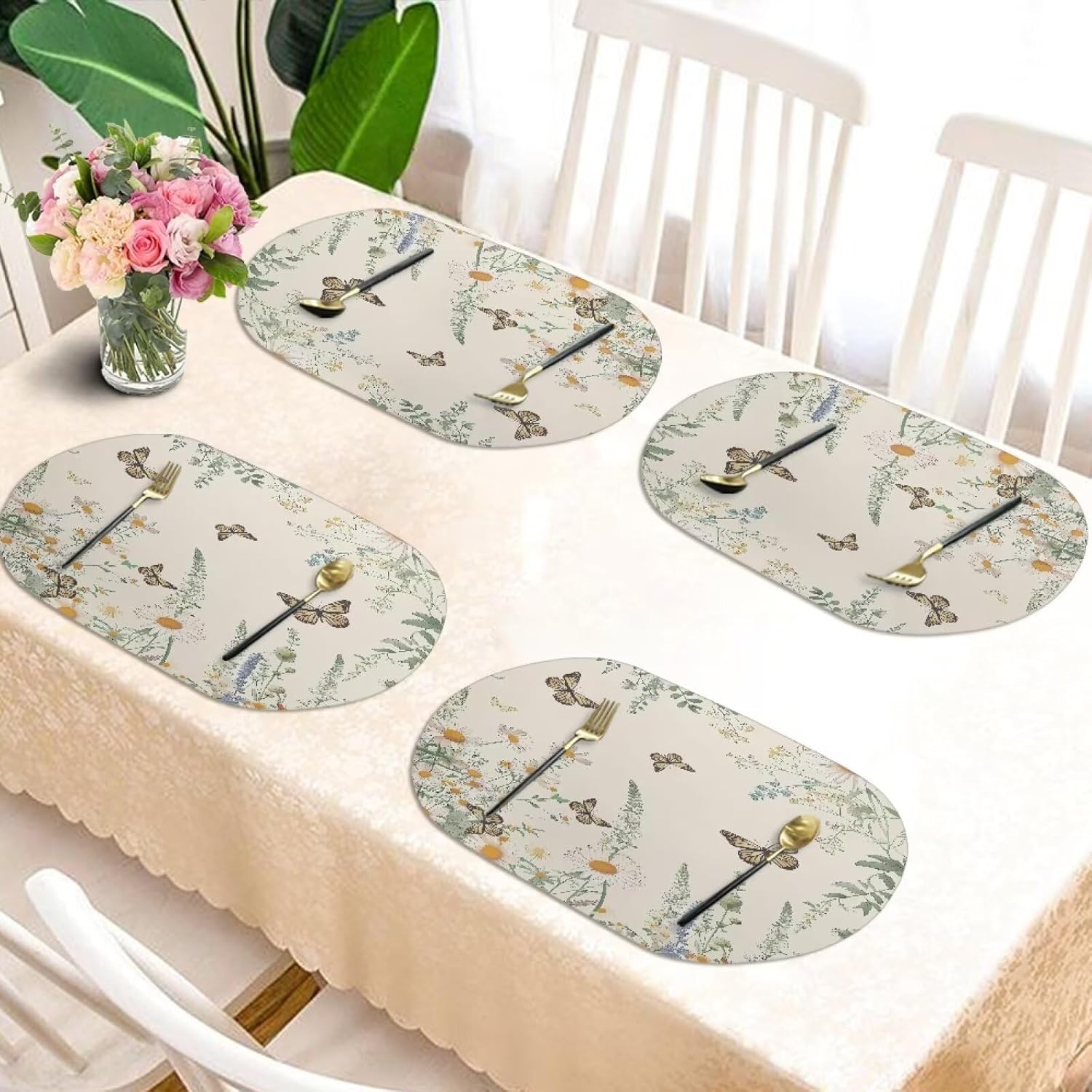PU Leather Oval Placemats Set of 6 Washable Wipe-Clean Table Mats Non-Slip Dining Table Mat Protector Easy Maintenance 18.11 x 12.2 inch, Butterfly Flower Beige