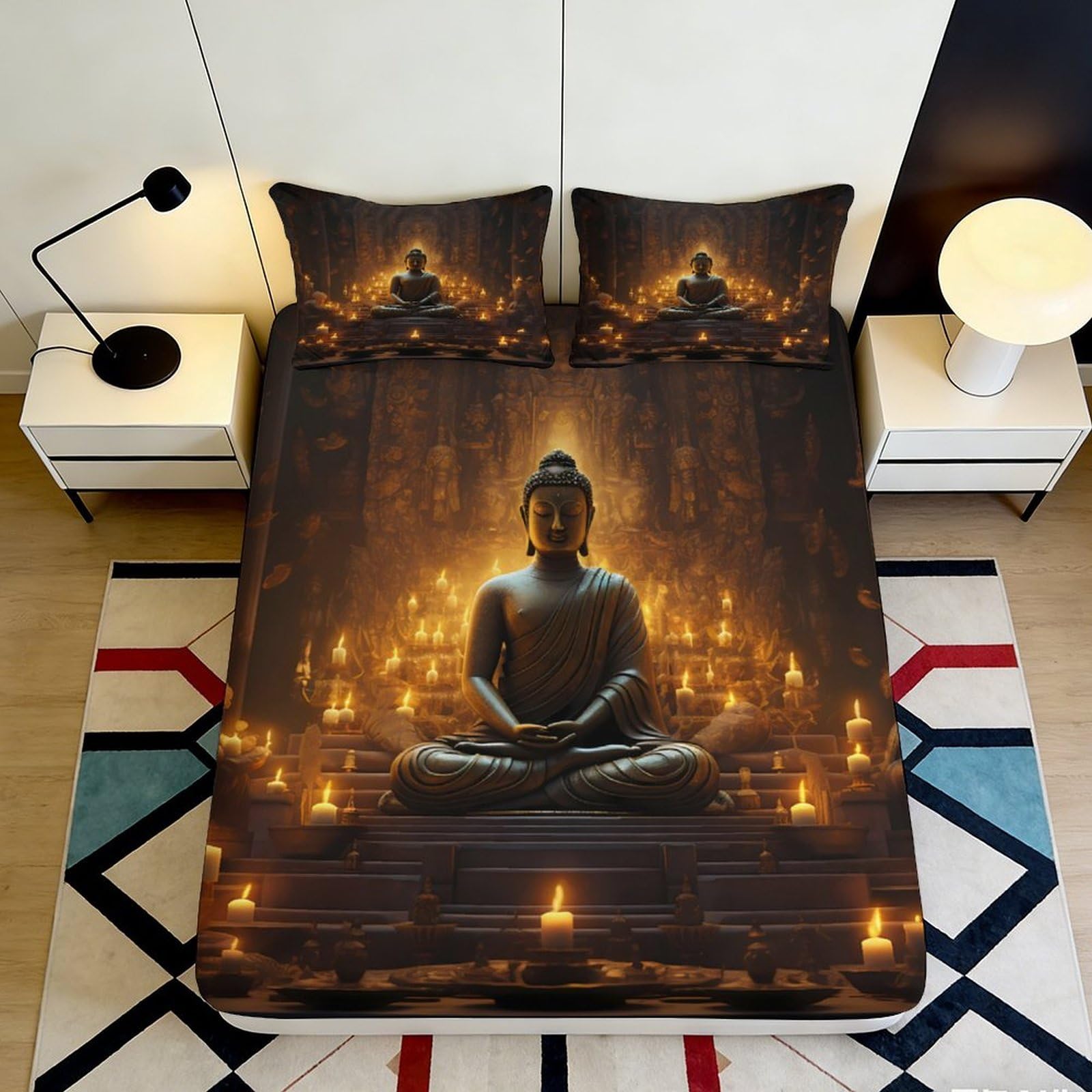 3D Printed Buddha Candlelight Fitted Sheet Microfiber Soft Breathable Meditation Bed Cover for Bedroom Dormitory Guest Room Mattress Protection Decor 120x200x25cm