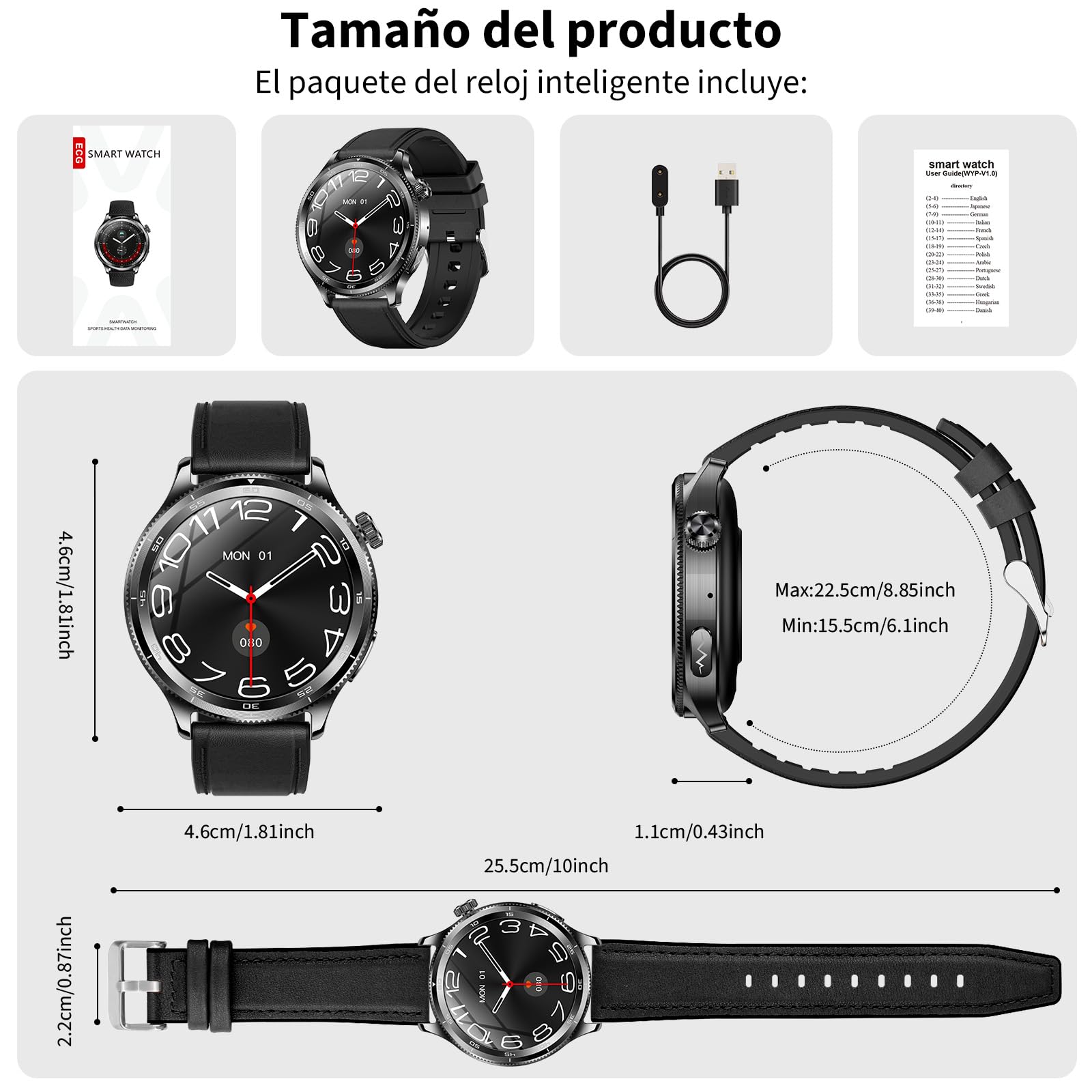Marsyu 2026 Reloj Inteligente Hombre ECG/24H Pulsómetro Presion Arterial | Reloj Salud con Redonda Pantalla AMOLED 1,43" Composición Corporal/HRV/SpO2/30s Mini Chequeo/IMC/Temperatura Corporal/SOS