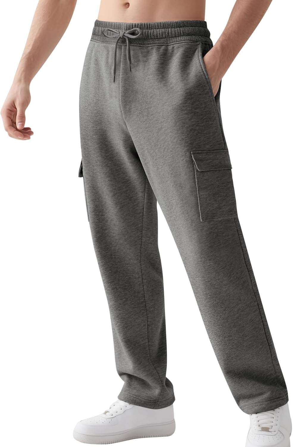 Gihuo Cargo Sweatpants for Men Athletic Baggy Fleece Pants Open Bottom Wide Leg Drawstring Joggers with Pockets