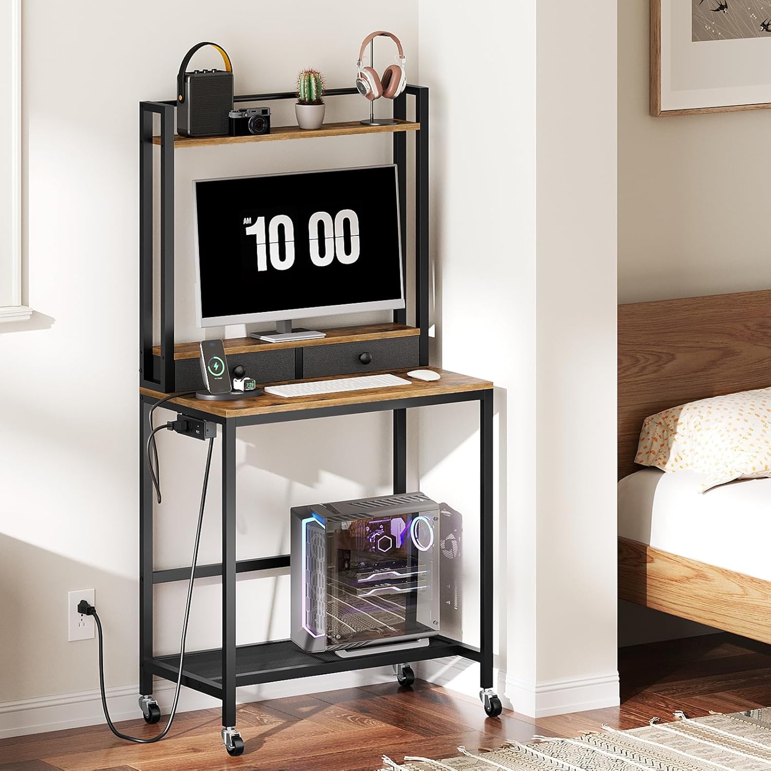 Computer Desk with Hutch and Drawers, Home Office Desk with Power Outlets, Gaming Desk with Monitor Stand and Wheels, for Living Room, Home Office, Rustic Brown DN02UBR