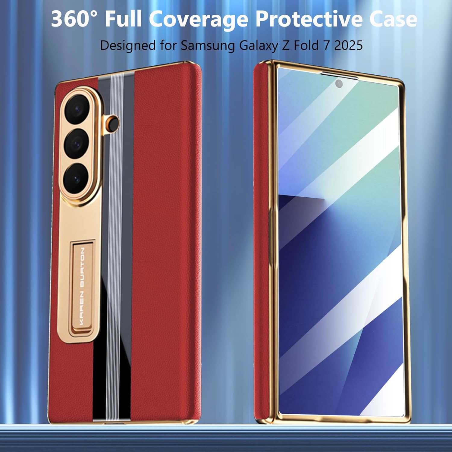 for Samsung Galaxy Z Fold 7 Case with Stand, Genuine Leather Phone Case Magnetic Hinge Protection Front Screen Protector Business Slim Fit Full Coverage Protective Cover for Z Fold 7 Red