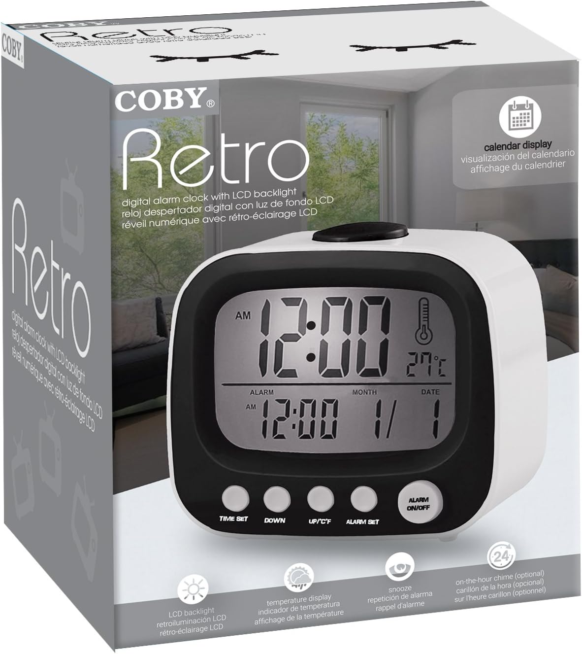 Coby Retro LCD Alarm Clock with illuminated backlight in a dark room
