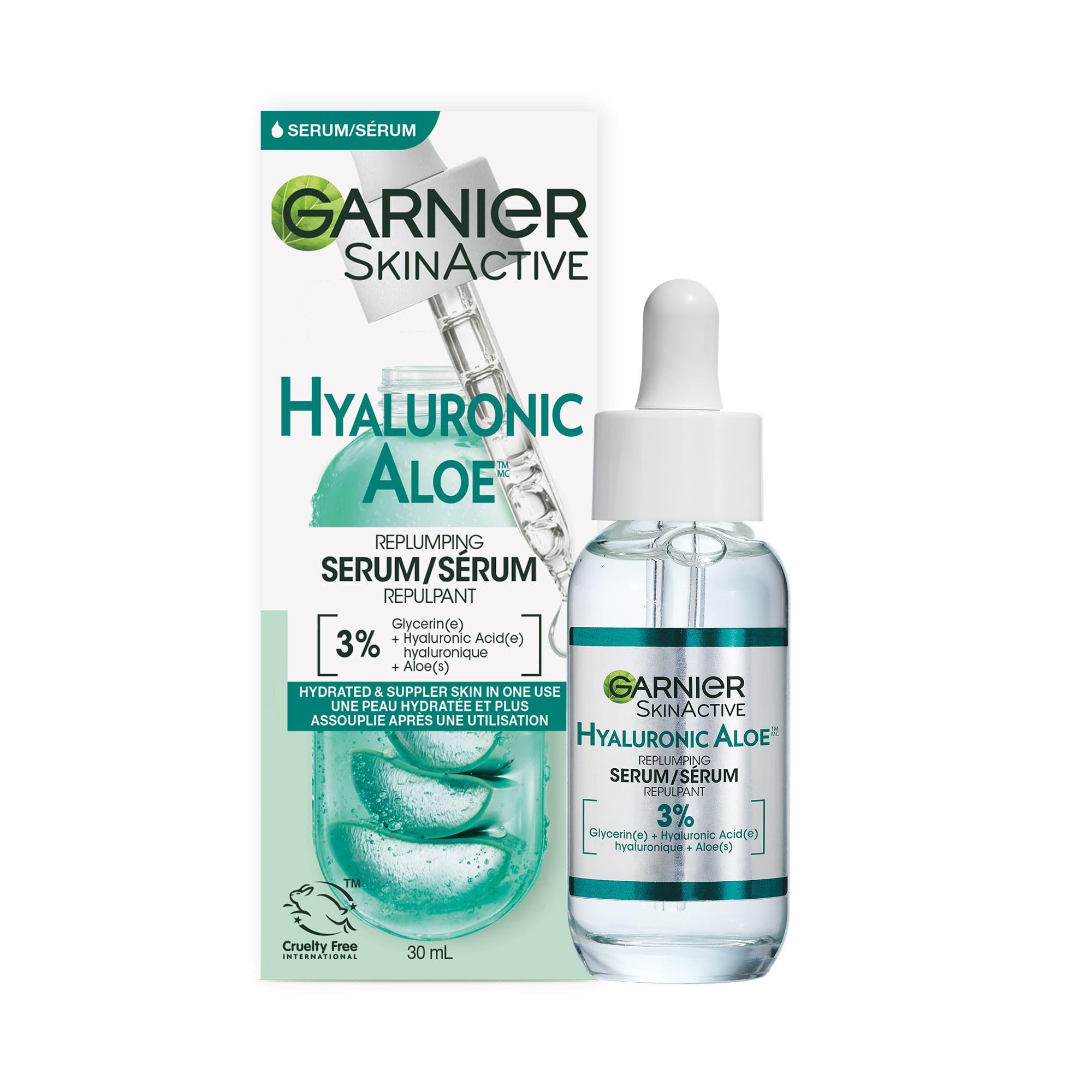 Garnier Aloe Vera Serum, With HYALURONIC ACID, Replumping Hydrating, Suppler Skin, Glows, Healthier Looking, For Normal to Combination, Vegan Formula, 30ml