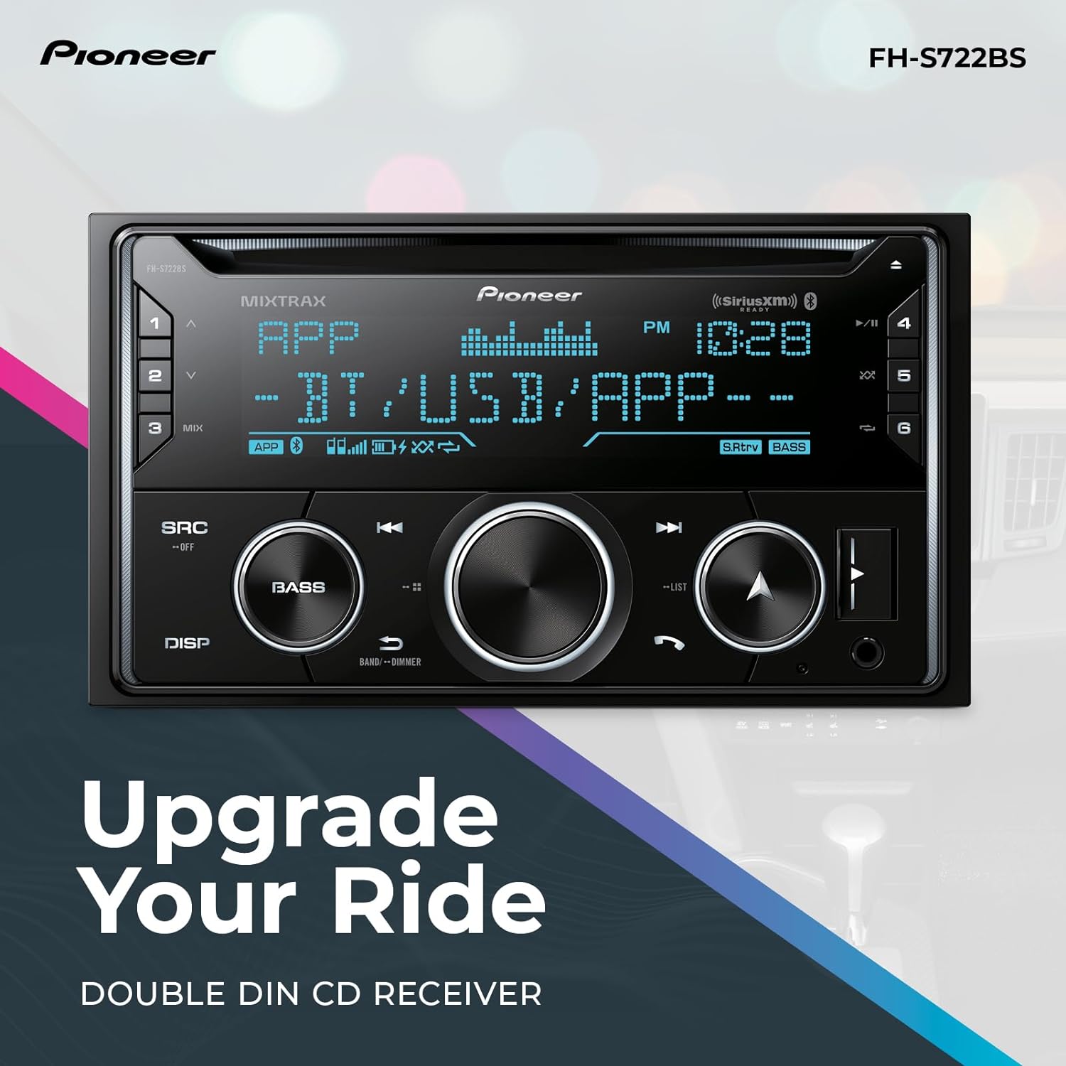 Davanti view of the Pioneer FH-S722BS receiver with icons for Bluetooth, USB, and AUX connectivity