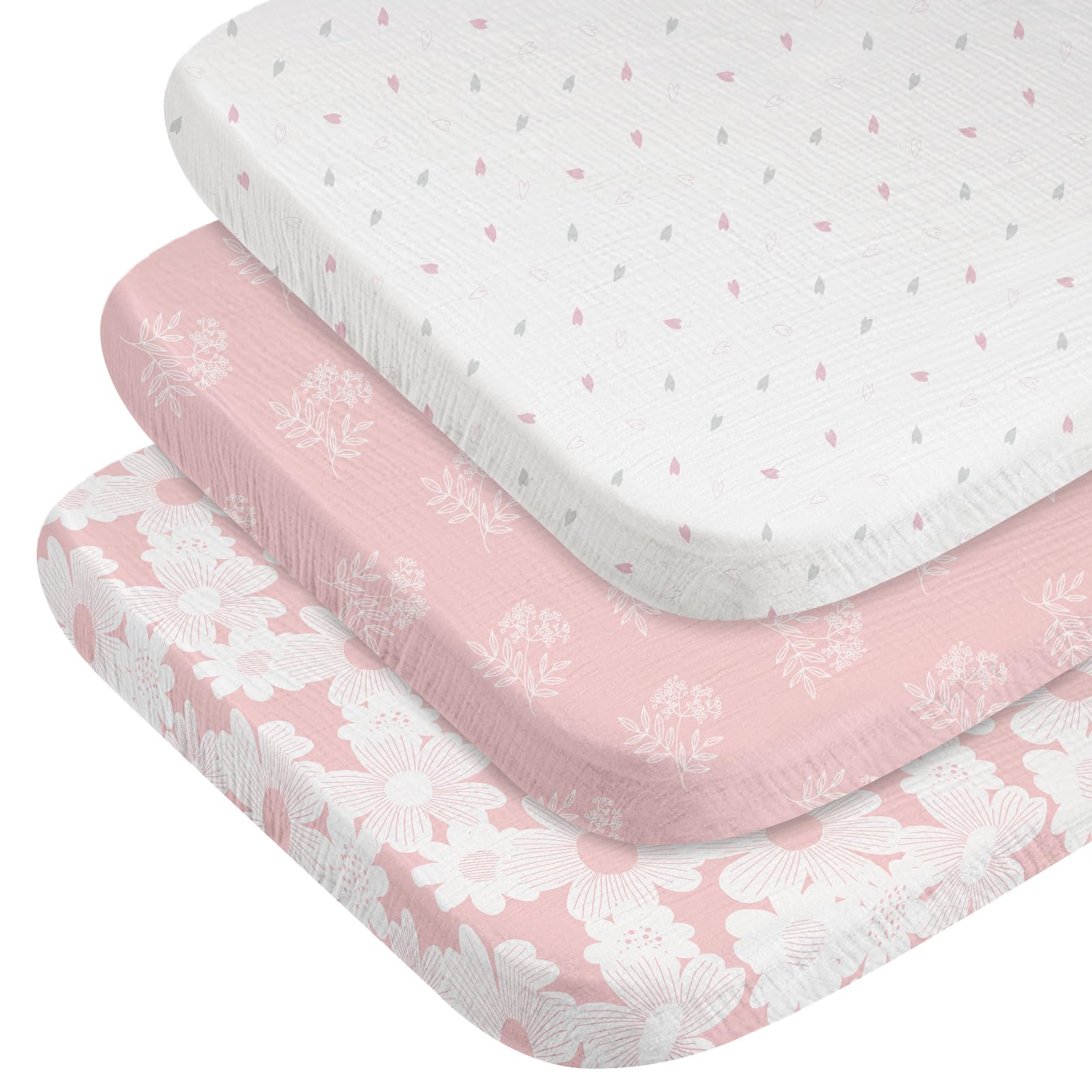 Gllquen Baby Confezione da 3 lenzuola in mussola per mini culla, traspiranti, con angoli, in cotone morbido e accogliente, per neonati e ragazze, con angoli universali, per mini culla, 96,5 x 66 cm