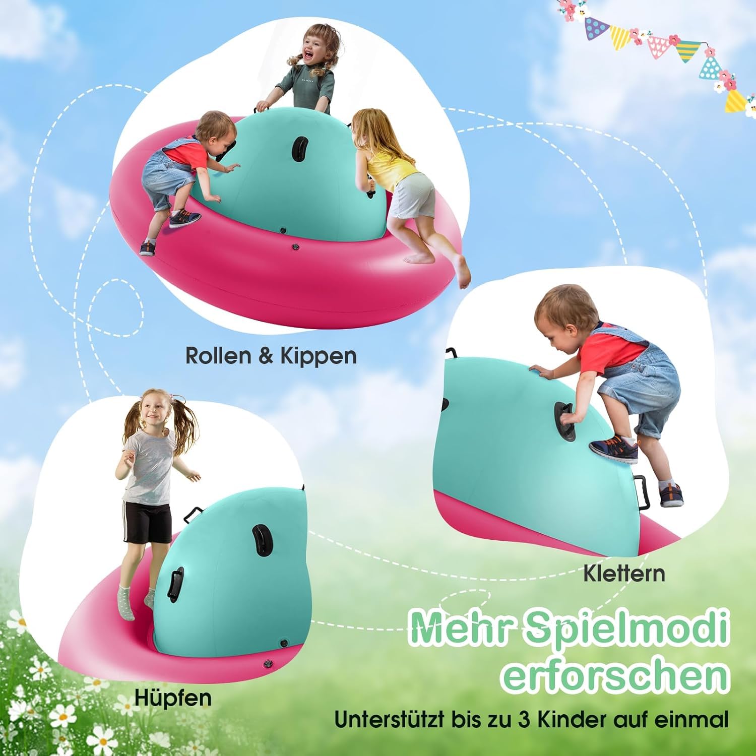 FANTASK Altalena gonfiabile a cupola per bambini, 223 cm, con 6 manici integrati (rosa + verde)
