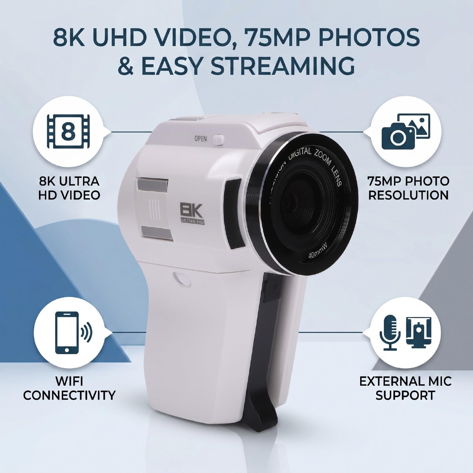 Fabater Videocamera, Videocamera Digitale 8K 75MP con Doppio Obiettivo, per Vlog WiFi con Zoom 16X, Videoregistratore con Schermo Girevole da 3 Pollici con Telecomando