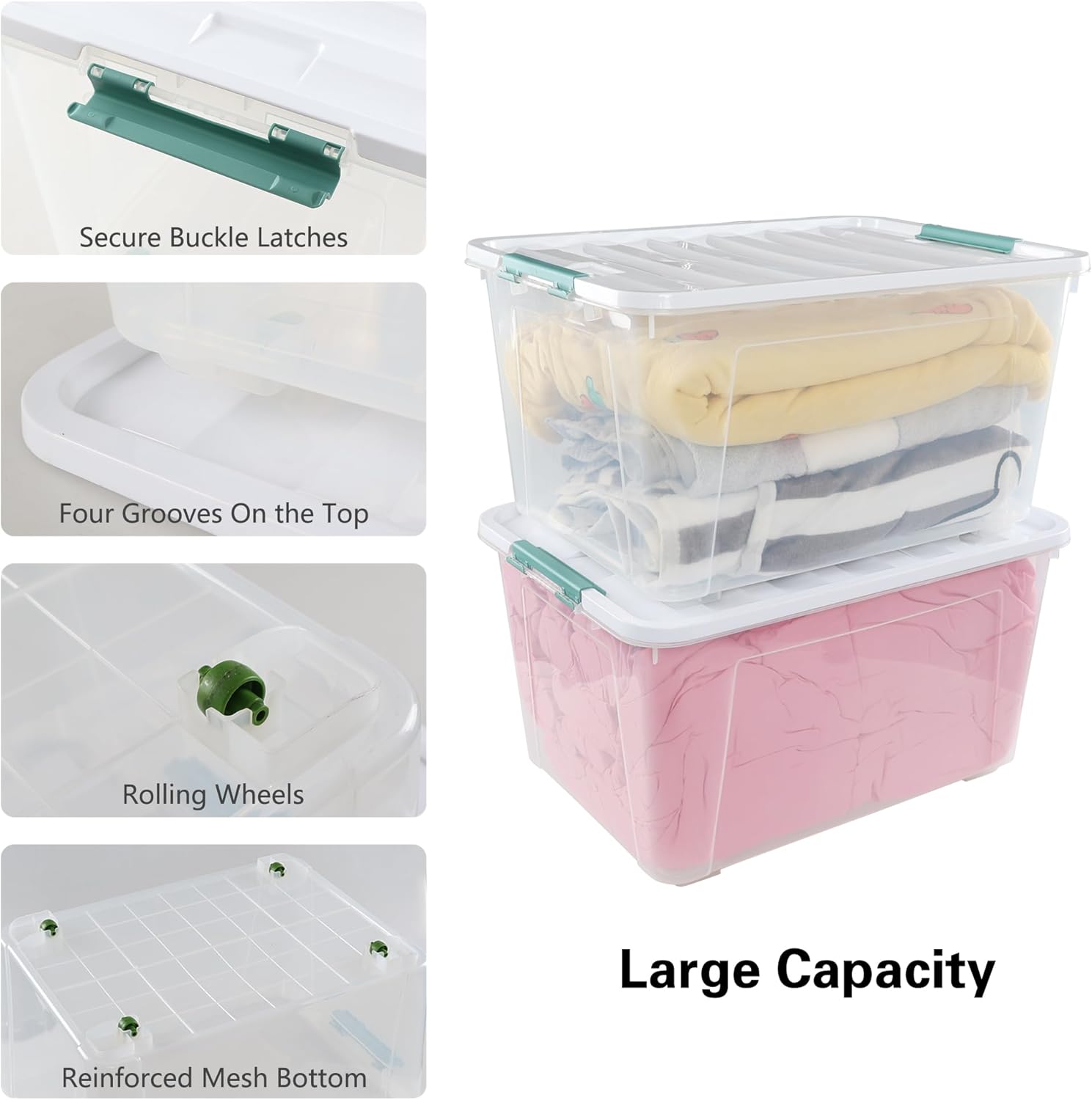 Gloreen Large Organizing Bin with Wheel, 4 Packs, 85 Quart Plastic Lidded Storage Box