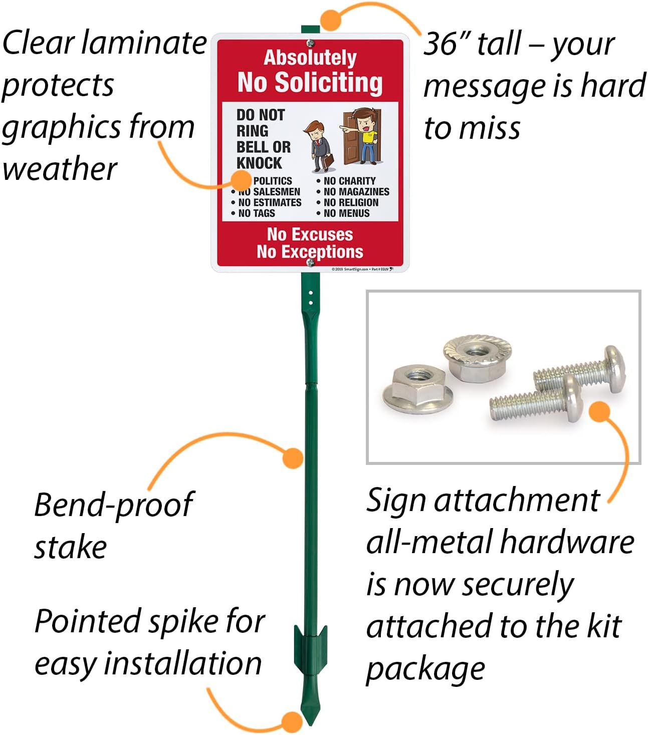 SmartSign 12" x 10" 'Absolutely No Soliciting Do Not Ring Bell Or Knock, No Excuses, No Exceptions' Yard Sign with 3 ft Stake, 40 mil Laminated Aluminum, Multicolor, Set of 1, USA-Made