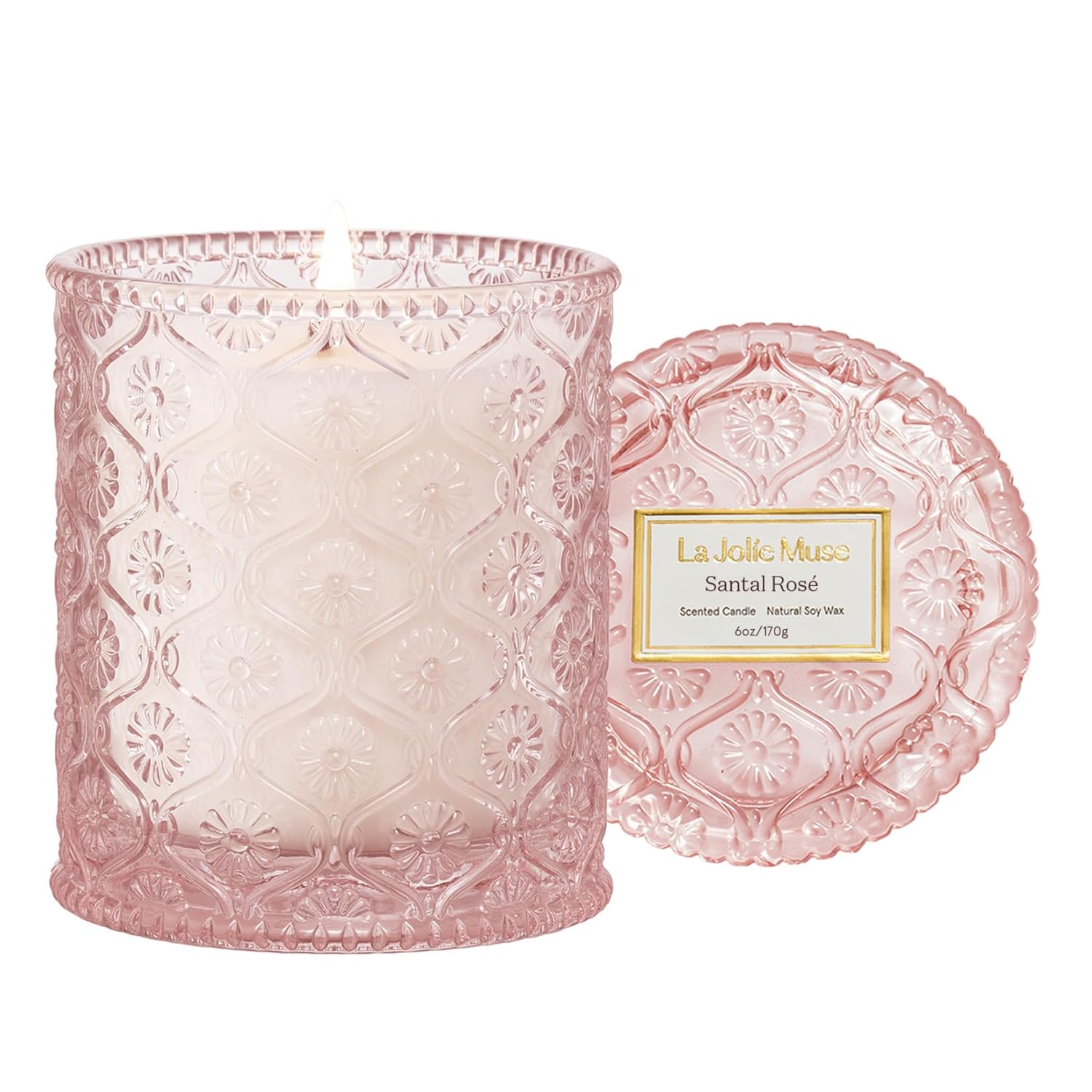 LA JOLIE MUSE Santal Rose Scented Candle Saffron Rose Leather 6 oz Natural Soy Wax 40 Hours Clean