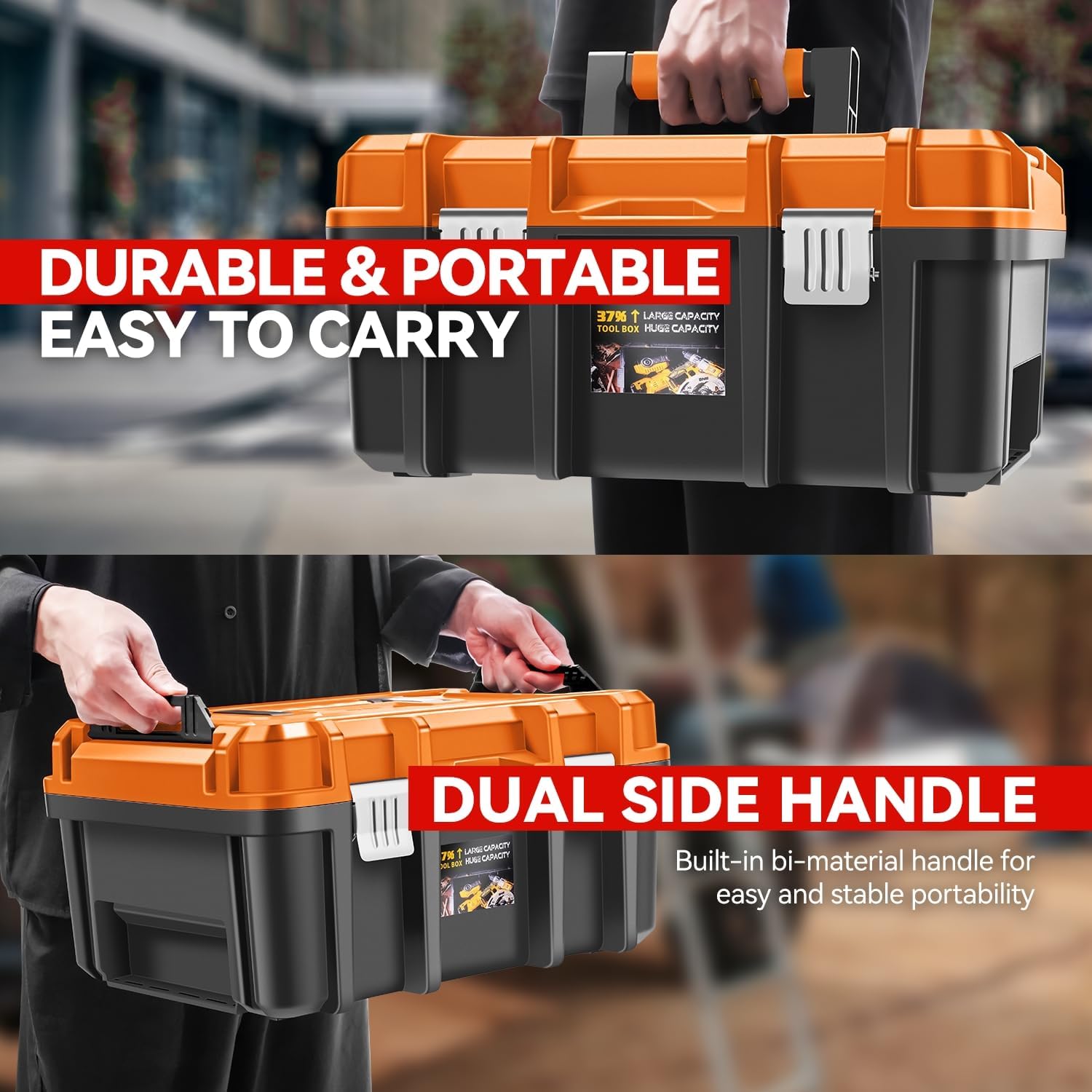 Auto Dynasty 17-Inch Tool Box, 2Pcs Toolboxes Organizer Storage with Removable Tray and Portable Handle for Garage Workshop Home Office Car Trunk, Orange