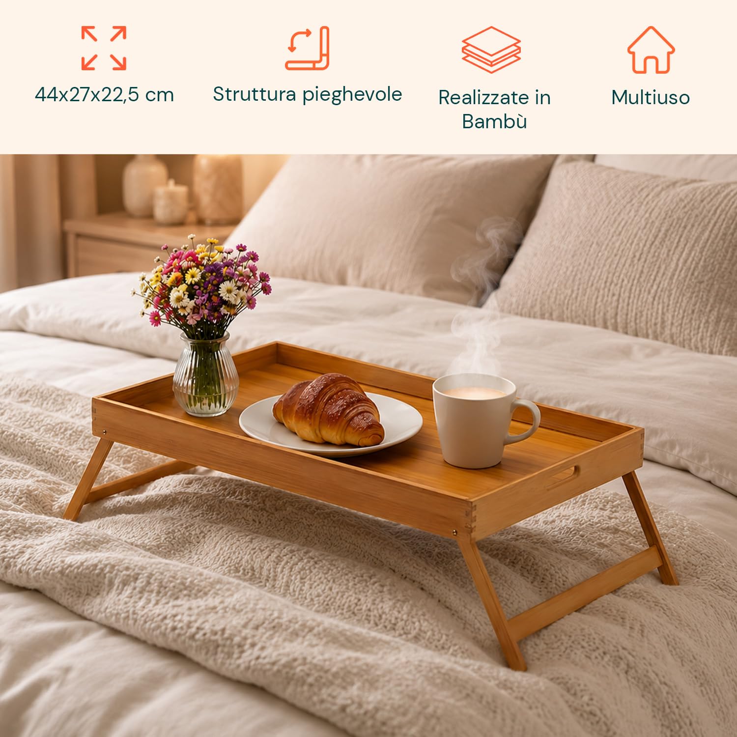 Avilia Vassoio per Colazione a Letto in Bambù con Piedini Pieghevoli - Elegante Tavolino da Letto per Colazione - Vassoio Multifunzionale - 50x30x21cm (Legno Naturale)