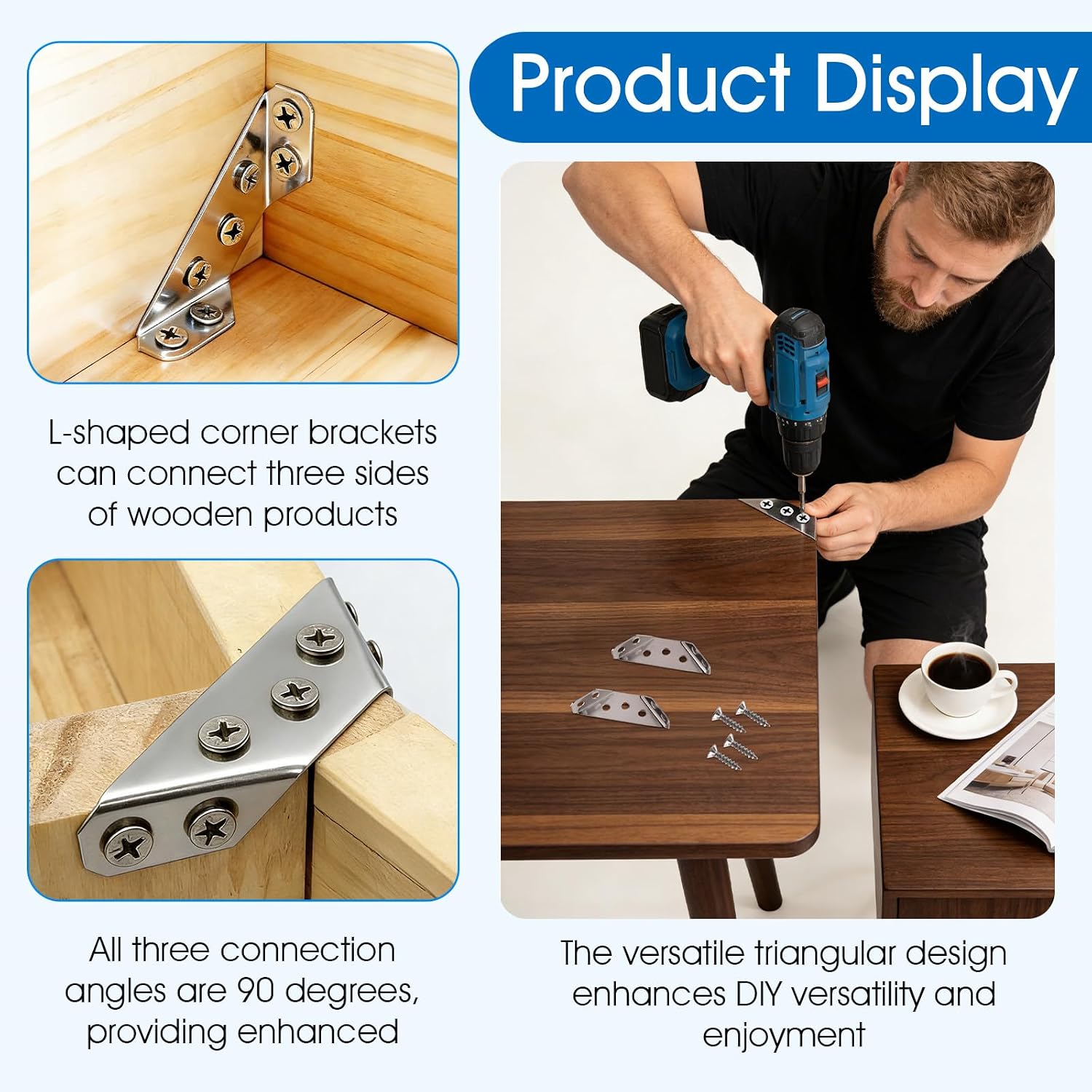 20-Piece Stainless Steel L-Shaped Wooden Brackets Set: 1.1 x 2.5 x 0.7 Inches, Polished, Corner Mount, 108 Screws, Ideal for Furniture, Shelves, Cabinets, Tables & Chairs