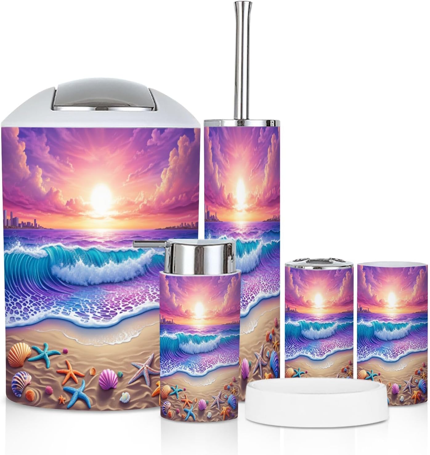 Bathroom Accessory Set 6 Piece Purple Sunrise Beach Coastal Seashell Seafoam Bath Curtain Trash can, Toothbrush Holder, Soap Dispenser, Soap Dish, Toothbrush Cup, Toilet Brush Holder