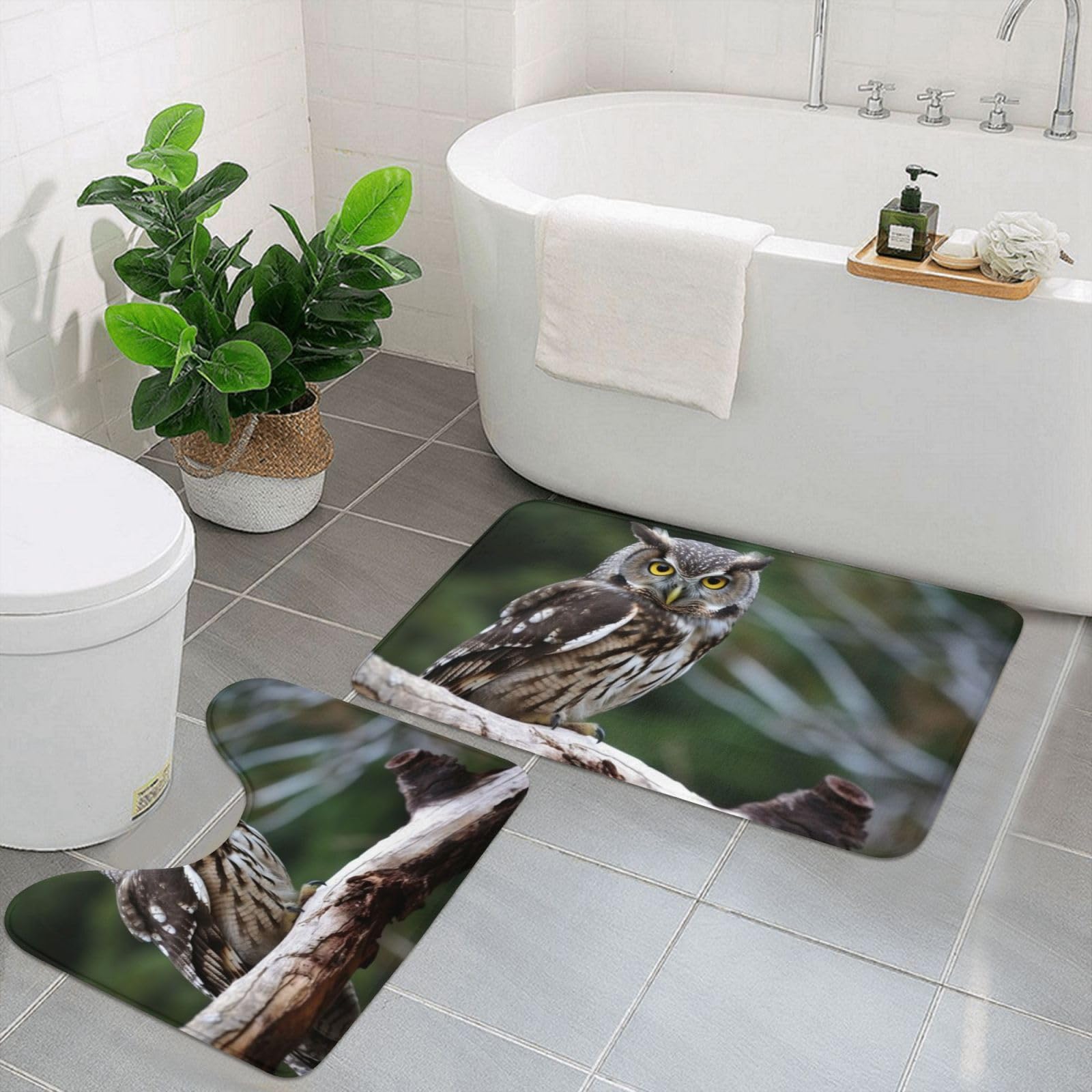 Tapis de bain antiderapant lot de 2 en microfibre ultra absorbante motif chouette