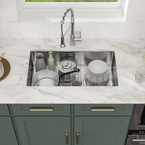 Miniatura 8 de Fregadero de montaje inferior de 32 pulgadas, fregadero de cocina de acero inoxidable de calibre 16, fregadero de cocina de 9 pulgadas de