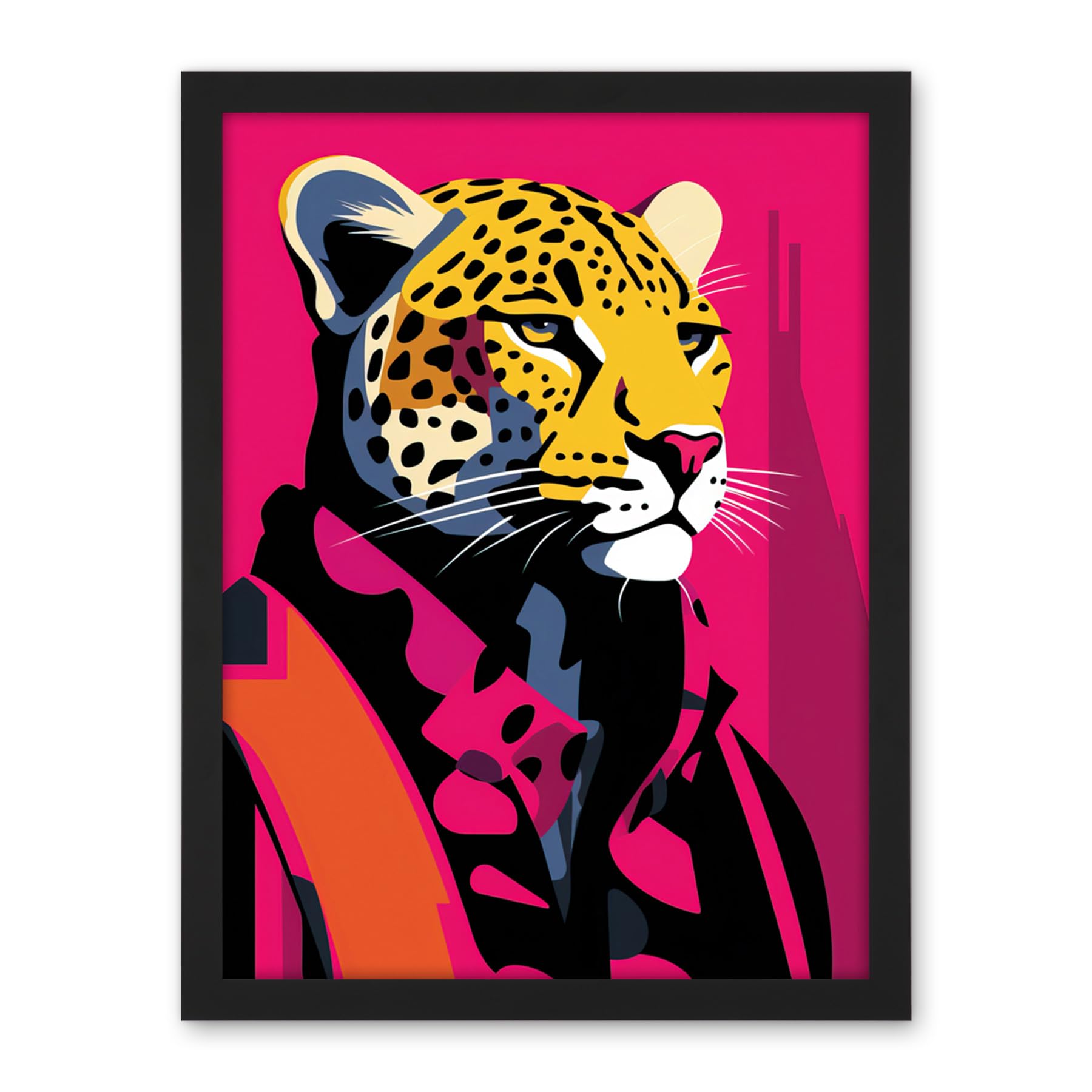 Artery8 Strong Leopard in Suit Bold Artwork Orange Pop Art Hot Pink Vibrant Portrait Artwork Framed Wall Art Print 18X24 Inch