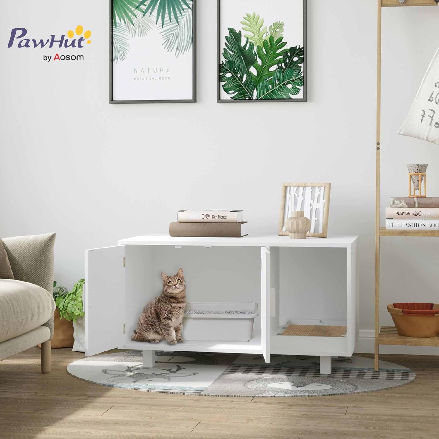 PawHut Wooden Cat Litter Box Enclosure & House, Kitty Hidden Washroom, with End Table Design, Scratcher, & Magnetic Doors, White