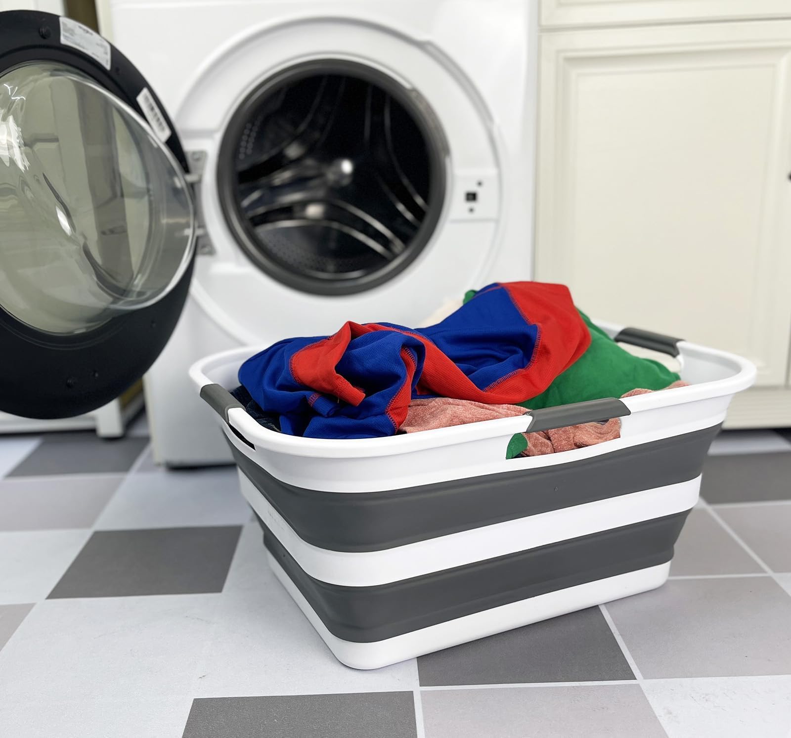 SAMMART Collapsible Plastic Laundry Basket Washing Tub Foldable Pop Up Storage Container-Space Saving/Portable Laundry Hamper. Ideal for Home, Travel, Dorm, and Camping (White/Steel Grey, 42L) — image 1