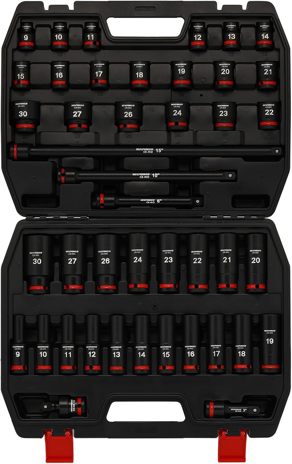 MIXPOWER 43 Pieces 1/2" Drive Deep and Shallow Impact Socket Set, 6 Point,Metric Sizes 9-30mm, 1/2'' Impact Universal Joint, 1/2"Drive Extension Bars:3",6",10",15",CR-MO Steel Mechanic Socket Set