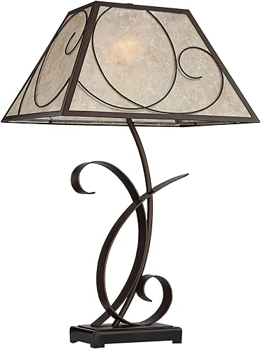 Miniatura 7 de Franklin Iron Works Teri - Lámpara de mesa rústica estilo granja de 27 pulgadas de alto, estilo vintage, marrón, luz de metal, mica, cónica,