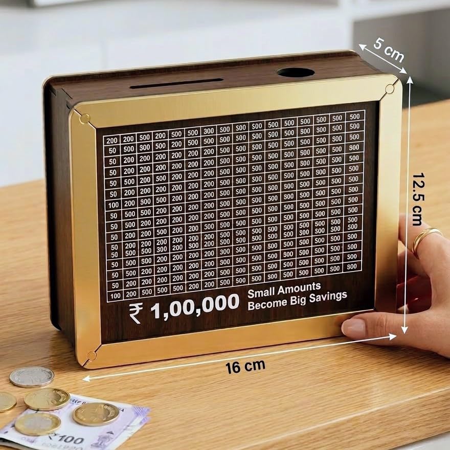 Image of 1 Lakh Savings Challenge Box, Wooden Money Saving Tracker with Goal Chart, Gullak, Brown Square Piggy Bank for Kids and Adults