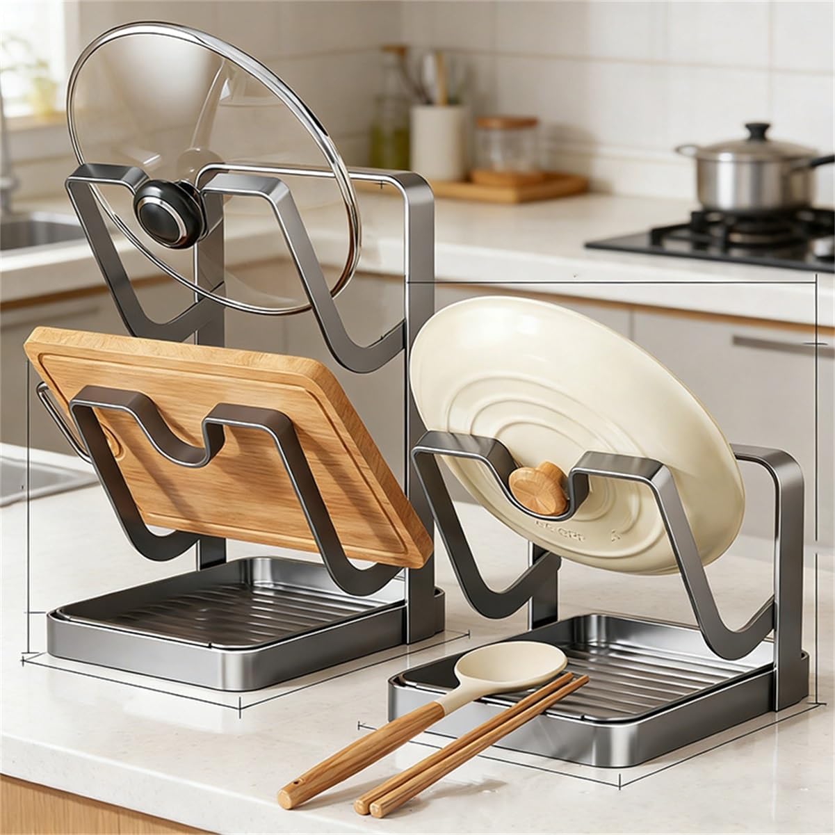 Kitchen Pot Lid Organizer, Single/Double Tier Countertop Cutting Board Holder With Removable Drip Tray, U-Slot Carbon Steel Storage Rack For Pot Lids, Cutting Boards & Utensils(B)