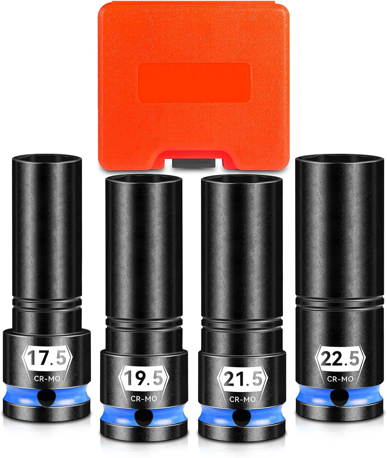 1/2" Drive Thin Wall Lug Nut Socket Set, 4 PCS Half Size Metric Impact Wheel Socket,17.5mm, 19.5mm, 21.5mm, and 22.5mm, Cr-Mo Steel with Storage Case