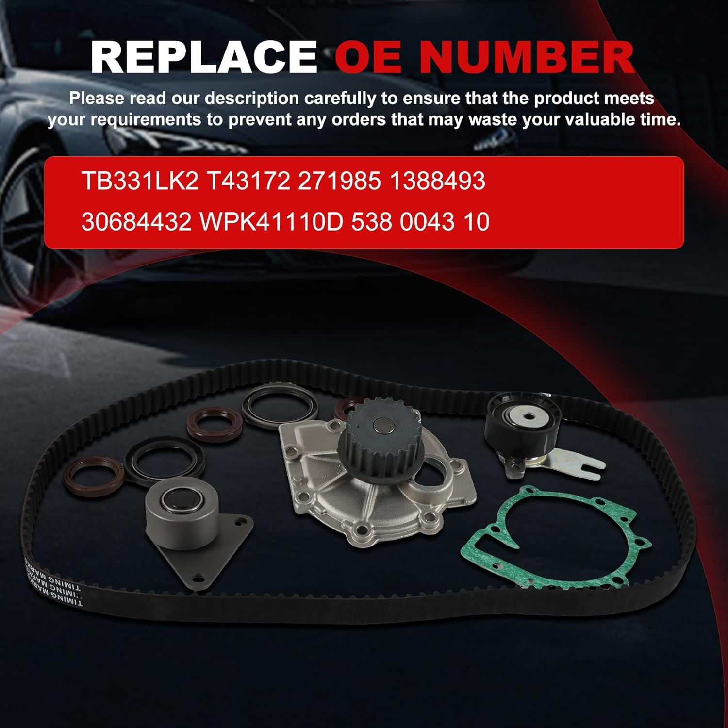 Timing Belt Kit Water Pump 2.4L 2.5T Fit for C30 L5 2007-2013 S40 II (MS) 2004-2010 V50 Estate (MW) 05-10 for C70 II Convertible 06-13 Car Engine Time Parts 271985 1388493​ 30684432